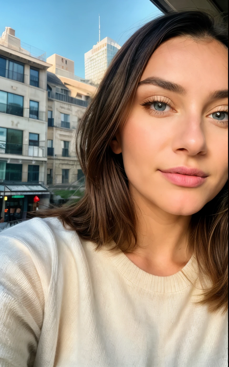 (portrait), close up, photorealistic, best quality, hyper detailed, beautiful woman, hhayleyy,, selfie photo,upper body, solo, indoor, (morning), city, real life park, coffee, (cheerful, happy), sweater, skyscraper, clear sky, analog style, skin texture, film grain, ultra high res, best shadow, RAW, instagram LUT, ((extremely detailed eyes and face)), ((beautiful detailed nose)), ((beautiful detailed eyes)), perfect body proportion,