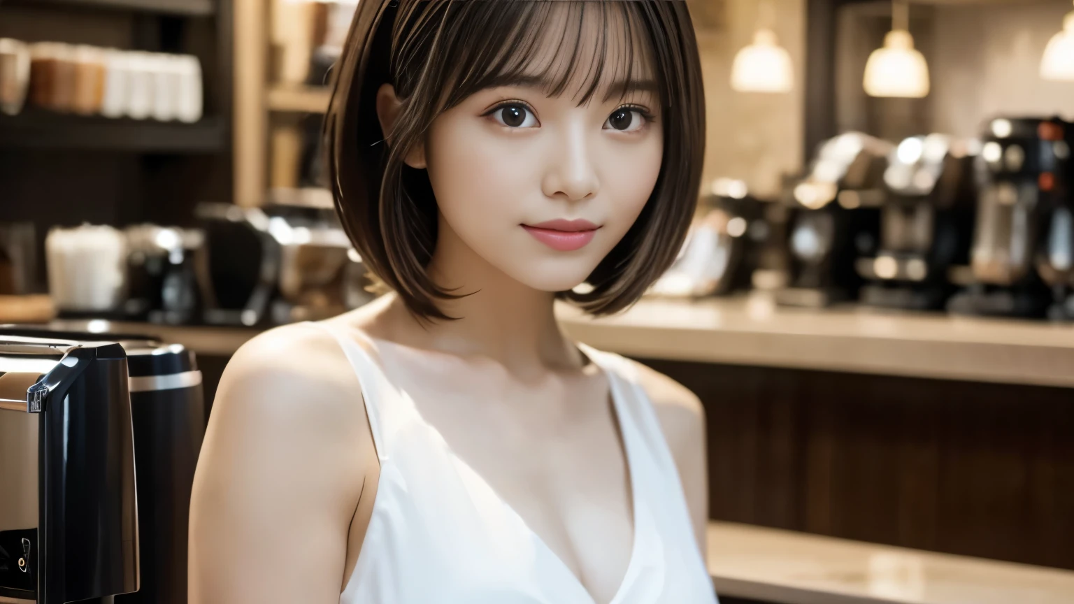 (((Cafe:1.3, Inside the store, Photographed from the front))), ((medium bob:1.3,Black and white bicolor dress, japanese woman, cute)), (clean, natural makeup), (highest quality, masterpiece:1.3, 超High resolution), (Super detailed, caustics), (realistic:1.4, RAW shooting), very detailed, High resolution, 16K resolution
