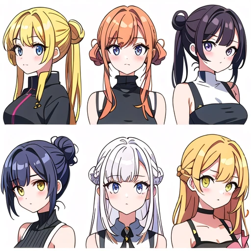 9 girls, white background, different characters, multiple views, (Close up heads, portrait, mugshot), bra, bare shoulders, bikini, different hair colors, different hair styles, multiple expressions,
twin-tail hair style,
pony-tail hair, wavy
long hair,
braid,
parted bangs,
high ponytail,
low ponytail,
big hair, cornrows,
hair bun,
hair rings,
half updo hairstyle,
diagonal bangs,
two side up hair,
flipped hair,
blunt bangs,
warm-toned hair colors,
cool-toned hair colors,
brown hair color,
red hair color,
yellow hair color,
white hair color,
purple hair color,
blue hair color,