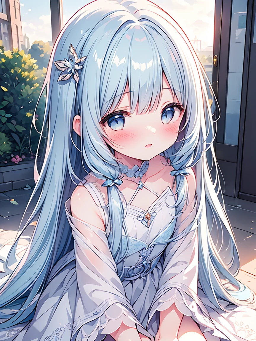 masterpiece, best quality, extremely detailed, (illustration, official art: 1.1), 1 girl, ((light blue long hair))), light blue hair, 10 years old, long hair ((blush)), cute face, big eyes, masterpiece, best quality, ((a very delicate and beautiful girl))))), amazing, beautiful detailed eyes, blunt bangs ((((little delicate girl)))), tareme, long hair cute anime faces, detailed light, parted lips, shiny, beautiful detailed face, long hair, pale long hair, smile, looking at viewer, jewelry, lips, 

, ailor suit, (Naked:1.1),  (Blushing:1.0), Detailed face, Roadside, POV crouching，Expose the inside of your legs，