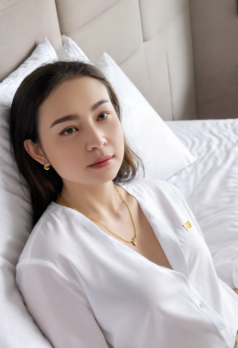 1 girl,8k, masterpiece,on bed, small gold necklace,white shirt