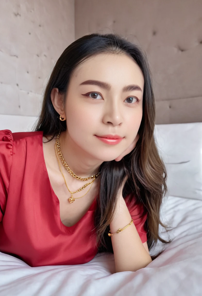 1 girl,8k, masterpiece,on bed, small gold necklace,red shirt