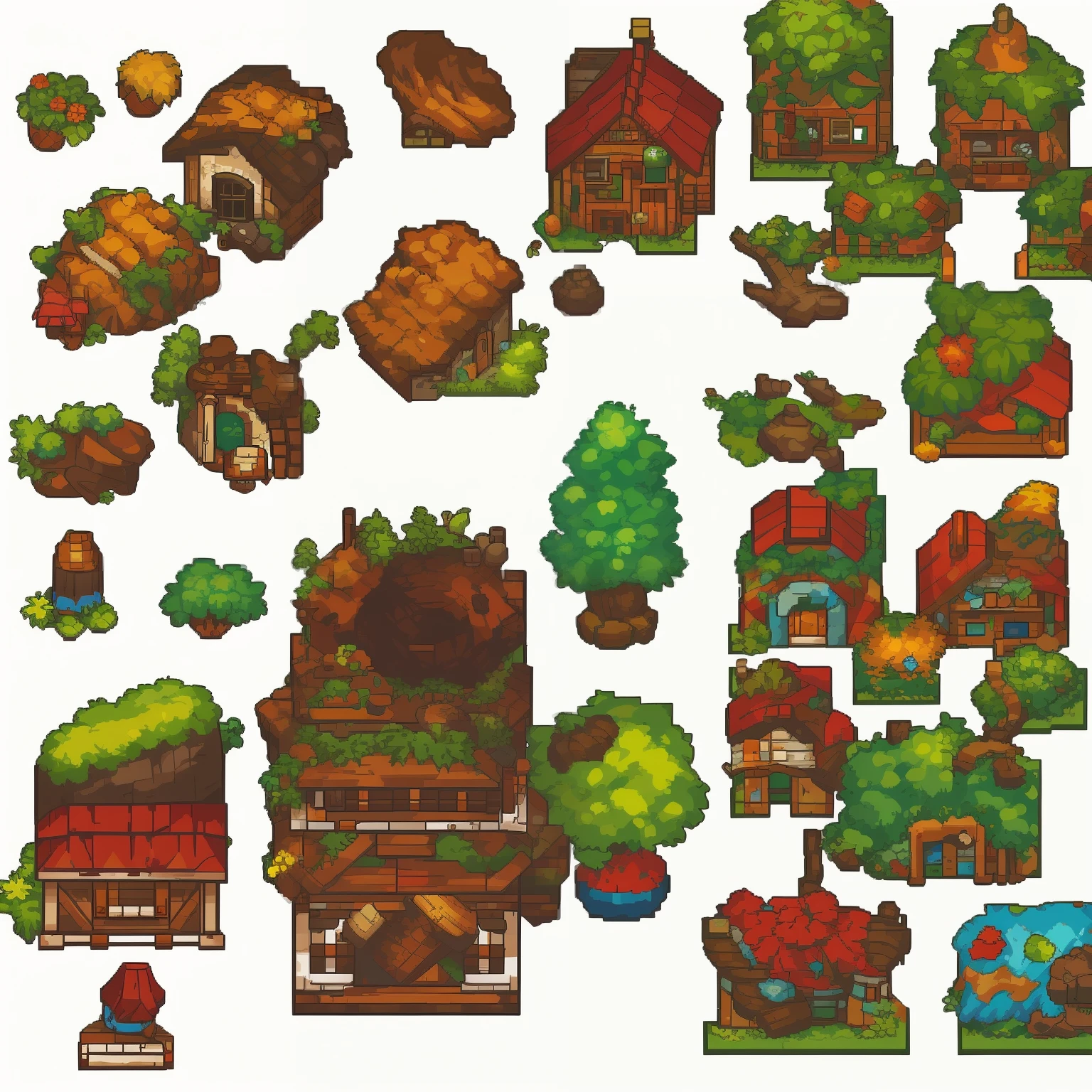 outdoor environment tileset for creating 2d pixel art games, the tileset must have separate elements as seen in the tileset image patterns