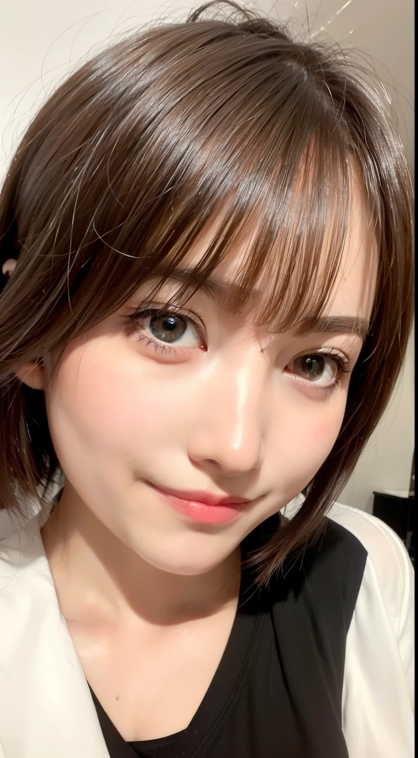 upper body, masterpiece, best quality, raw photo, photorealistic, big, face light, shiny skin, high resolution, super detail, detail, detailed eyes and face, sharp pupils, realistic pupils, sharp focus, shiny skin, cute smile, brown hair, sporty clothes, medium hair