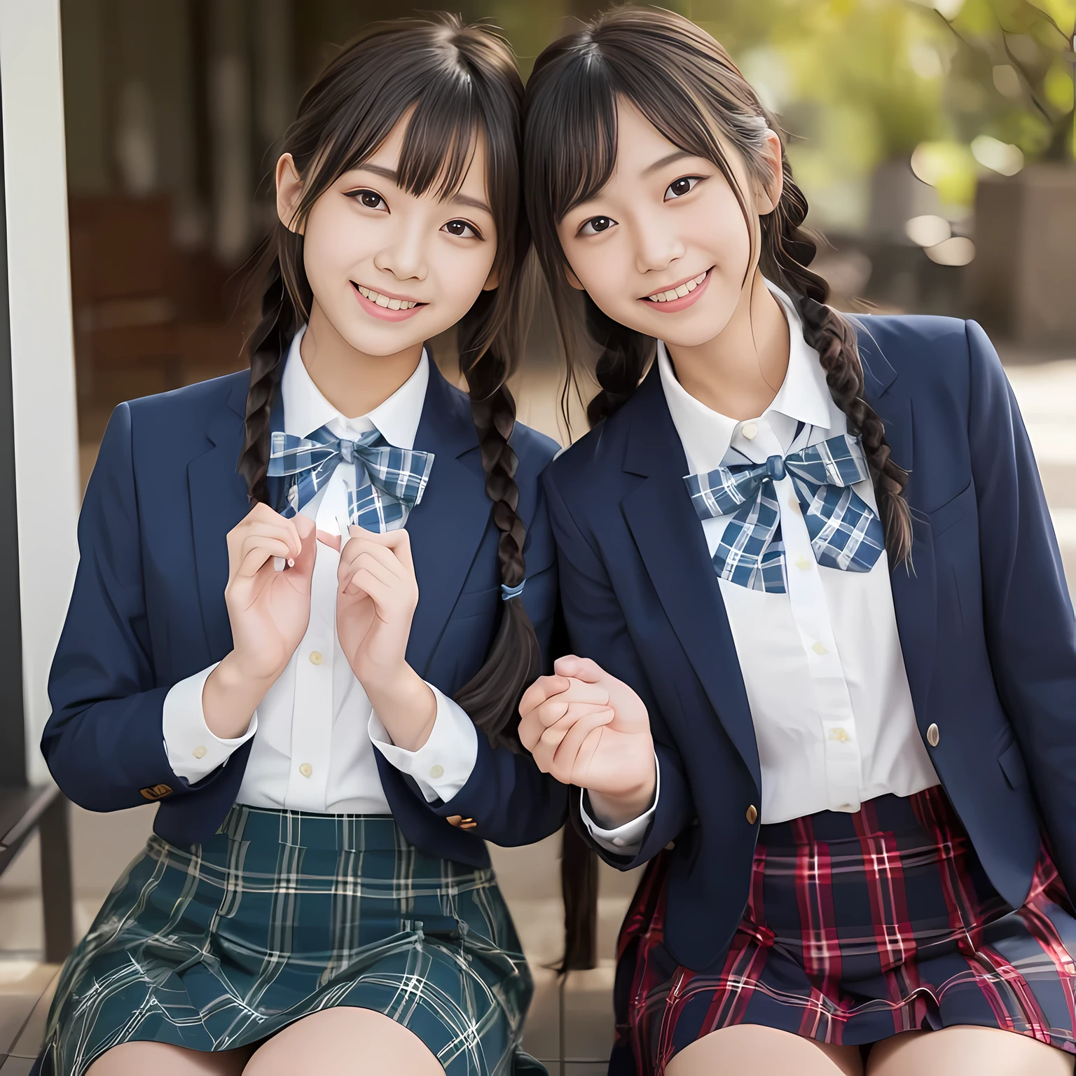 (highest quality、masterpiece:1.2)、highest quality、realistic、photograph、High resolution、1080p、8K、Pale, rough skin、The face is especially pale., physical rendering、one Japanese girl、、cute, s old, , (((big very detailed beautiful dark brown eyes))), ((girly large wine-red glossy polyester Japanese school ribbon bow tie)), ((((very beautiful long braids hair)))), ((((dark blue blue blue & deep navy colored tartan checkered formal longer pleated skirt)))), ((A formal dark blue blazer that is slightly oversized and has an emblem on the left chest.)), ((Watching the viewer and laughing)), Very fun, Very happy, mouth is open, the skirt is so cute, detailed fingers, modest chest, ((curled bangs)), so beautiful, long eyelashes, (((Touching your hair with your hands))), ((Impressive and very very very cute eyes of Japanese girls)), double eyelids, The entire skirt is photographed, Very cute face, thin sagging eyebrows, Drooping eyes