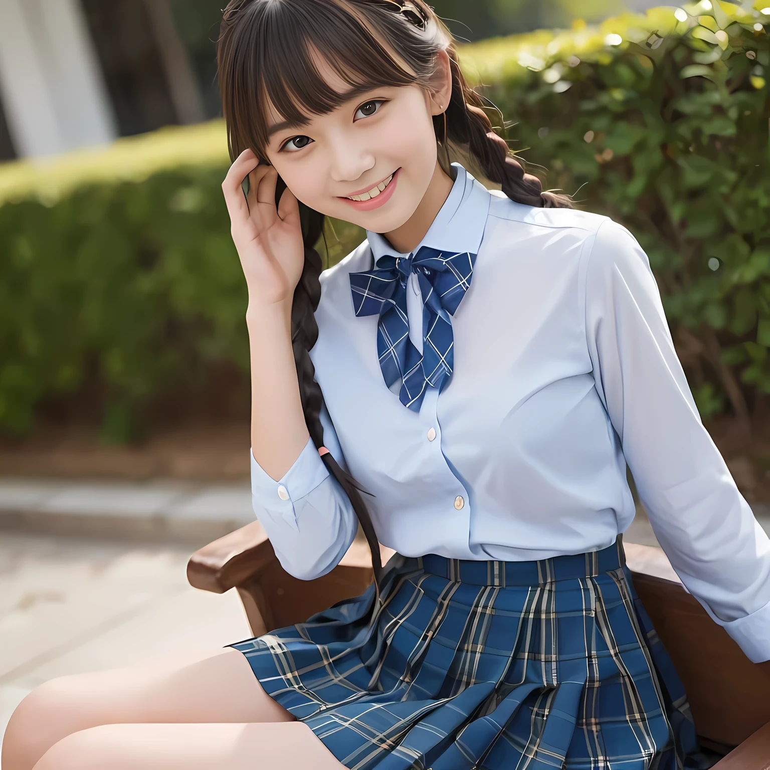 (highest quality、masterpiece:1.2)、highest quality、realistic、photograph、High resolution、1080p、8K、Pale, rough skin、The face is especially pale., physical rendering、one Japanese girl、、cute, , , (((big very detailed beautiful dark brown eyes))), ((girly large wine-red glossy polyester Japanese school ribbon bow tie)), ((((very beautiful long braids hair)))), ((((dark blue blue blue & deep navy colored tartan checkered formal longer pleated skirt)))), ((A formal dark blue blazer that is slightly oversized and has an emblem on the left chest.)), ((Watching the viewer and laughing)), Very fun, Very happy, mouth is open, the skirt is so cute, detailed fingers, modest chest, ((curled bangs)), so beautiful, long eyelashes, (((Touching your hair with your hands))), ((Impressive and very very very cute eyes of Japanese girls)), double eyelids, The entire skirt is photographed, Very cute face, thin sagging eyebrows, Drooping eyes