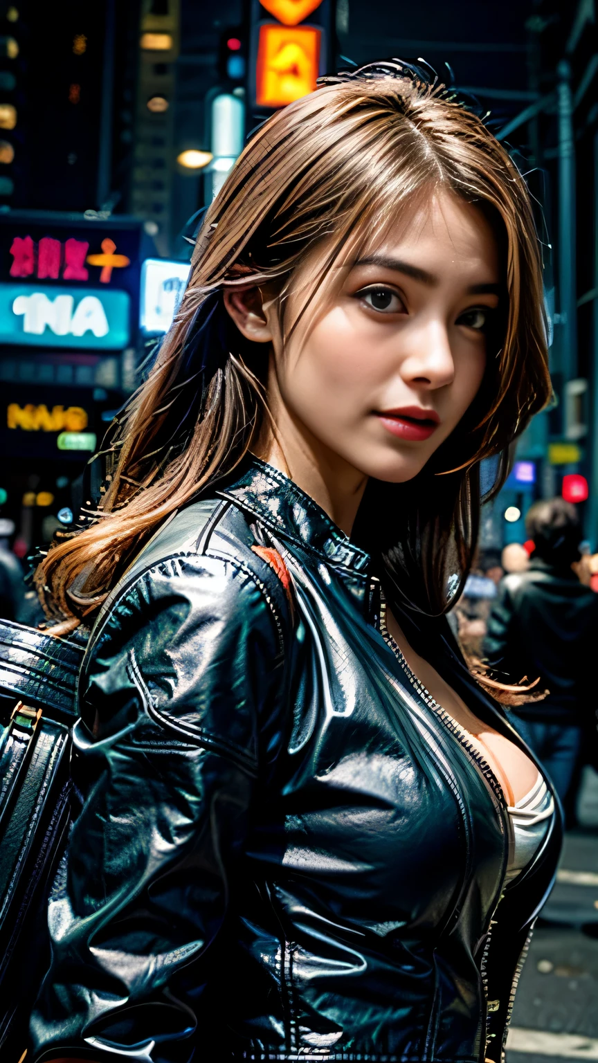 highest quality, realistic, realistic, award-winning illustrations, (intricate details: 1.2), (delicate details), (intricate details), (cinematic light, highest qualityのバックライト), clear line, sharp focus, official art, unity 8k wallpaper, absurd, incredibly absurd, Large archive files, Ultra- (in_main visual_street: 1.21), (neon lamp), fantasy art, nffsw, ((Close-up photos of the award-winning Studio Triangle)),  1 girl, incredibly beautiful, (Perfect smiling mouth), small breasts,((cyberpunk cityscape, Valkyrie,knife, robot arm)),Precise in beautiful eyes,perfect face,(cyberpunk blouse, leather jacket, Martin Boots),(perfect hands and fingers),(pleated skirt)), ((Supermodel Bag)), ((close up of face)),