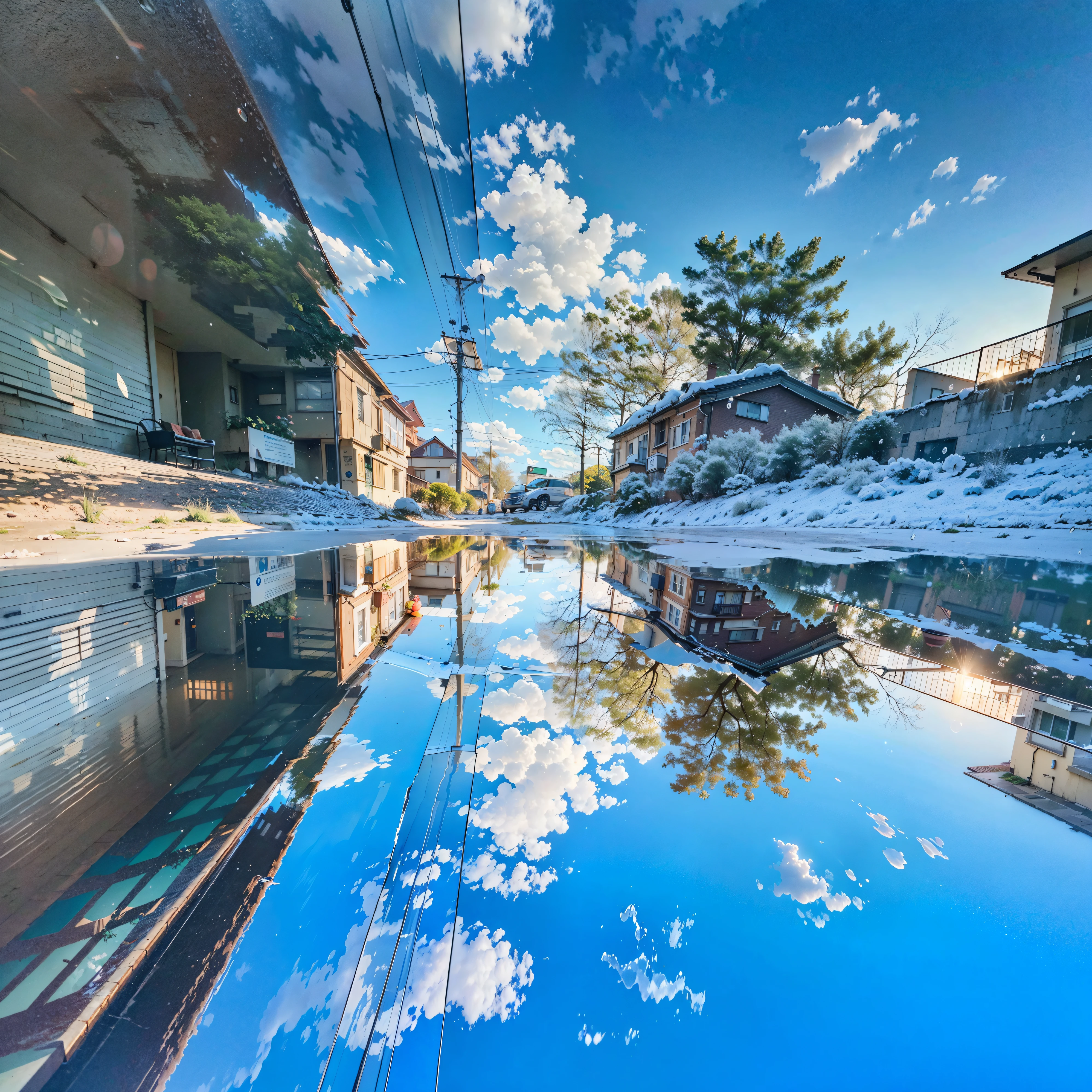 there is a reflection of a building in a puddle of water, reflection puddles, marvellous reflection of the sky, warped perspectives, very low angle photograph, clear reflection, perspective from below, detailed reflections, reflections on wet streets, distorted perspective, reflections ray, wet puddles reflecting, many reflections, reflections on a glass table, high reflections