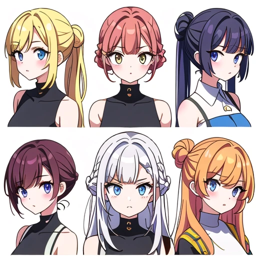 9 girls, white background,  different characters, multiple views, (Close up heads, portrait, mugshot), bra, bare shoulders, bikini, different hair colors, different hair styles, multiple expressions, 
twin-tail hair style, 
pony-tail hair, wavy 
long hair, 
braid, 
parted bangs, 
high ponytail, 
low ponytail, 
big hair, cornrows, 
hair bun, 
hair rings, 
half updo hairstyle, 
diagonal bangs, 
two side up hair, 
flipped hair, 
blunt bangs, 

warm-toned hair colors, 
cool-toned hair colors, 
brown hair color, 
red hair color, 
yellow hair color, 
white hair color, 
purple hair color, 
blue hair color,