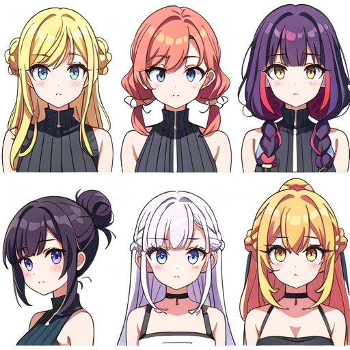 9 girls, white background, different characters, multiple views, (Close up heads, portrait, mugshot), bra, bare shoulders, bikini, different hair colors, different hair styles, multiple expressions,
twin-tail hair style,
pony-tail hair, wavy
long hair,
braid,
parted bangs,
high ponytail,
low ponytail,
big hair, cornrows,
hair bun,
hair rings,
half updo hairstyle,
diagonal bangs,
two side up hair,
flipped hair,
blunt bangs,
warm-toned hair colors,
cool-toned hair colors,
brown hair color,
red hair color,
yellow hair color,
white hair color,
purple hair color,
blue hair color,