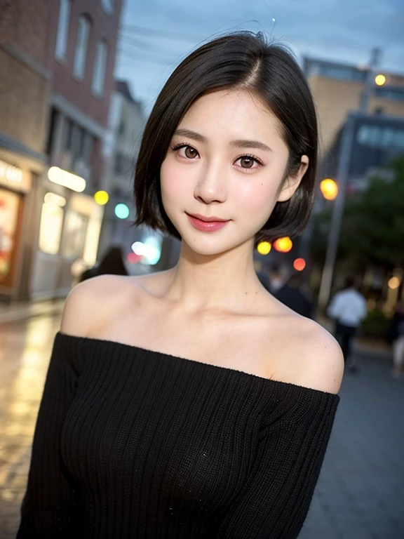 (kawaii 24 year-old Japanese girl, Nogizaka idol, Korean idol), (glossy black hair, pixie cut:1.3), (rounded face, single eyelid, no makeup, soft smiling:1.2), forehead, (wearing off-shoulder knitted sweater:1.3), (well shaped extra small breasts), (looking at viewer:1.2), BREAK, (at night street in downtown background:1.3), (dynamic angle:1.3), BREAK, (masterpiece, best quality, photo realistic, official art:1.4), (UHD, 8K quality wallpaper, high resolution, raw photo, film grain:1.2), (shiny skin), professional lighting, physically based rendering, award winning, (perfect anatomy, highly detailed skin textures, extremely detailed face and eyes, well drawn glittering pupils), Carl Zeiss 85 mm F/1.4, depth of field, 1girl, solo,