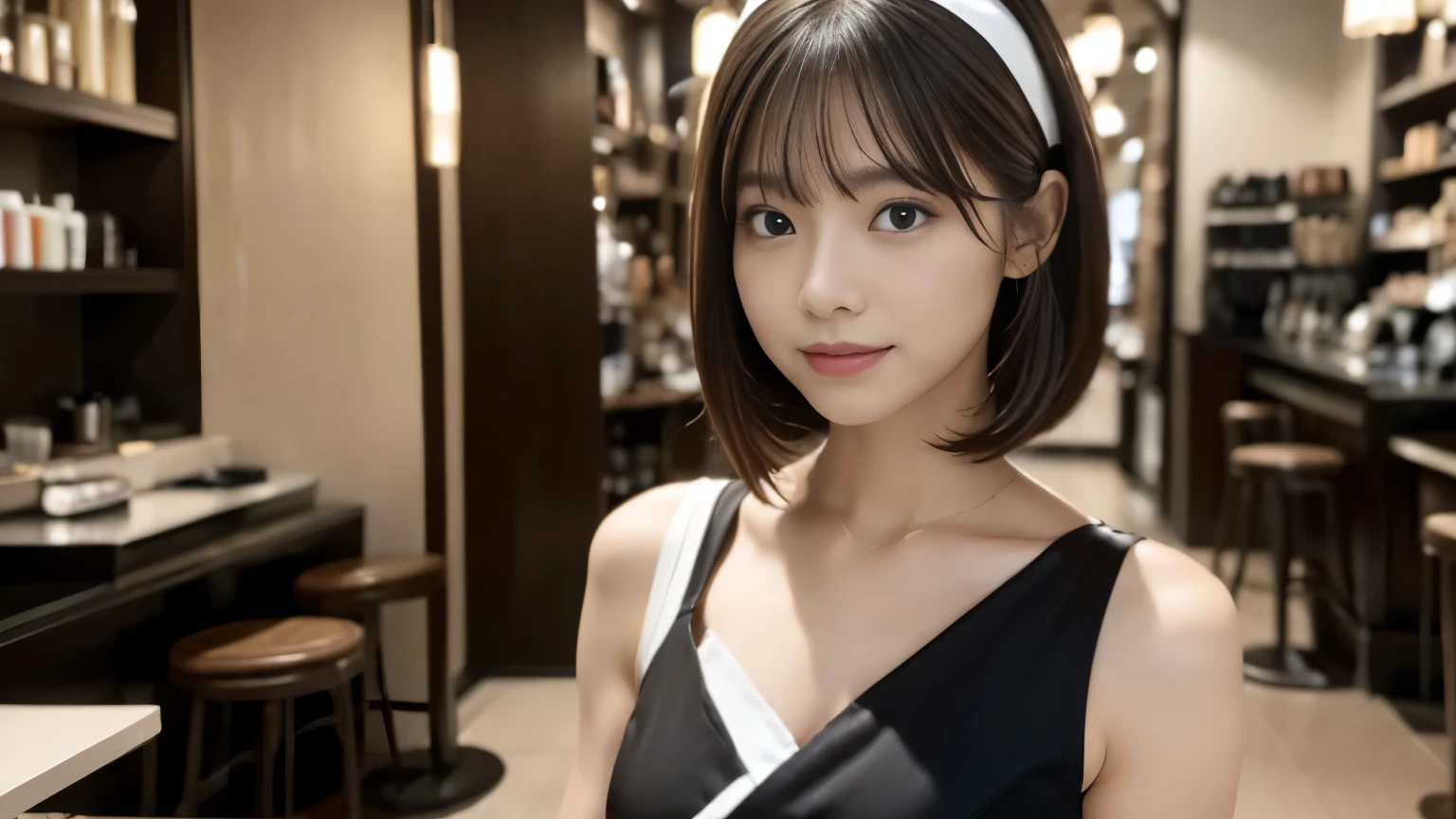 (((Cafe:1.3, Inside the store, Photographed from the front))), ((beauty salon model:1.3,Black and white bicolor dress, japanese woman, cute)), (clean, natural makeup), (highest quality, masterpiece:1.3, 超High resolution), (Super detailed, caustics), (realistic:1.4, RAW shooting), very detailed, High resolution, 16K resolution