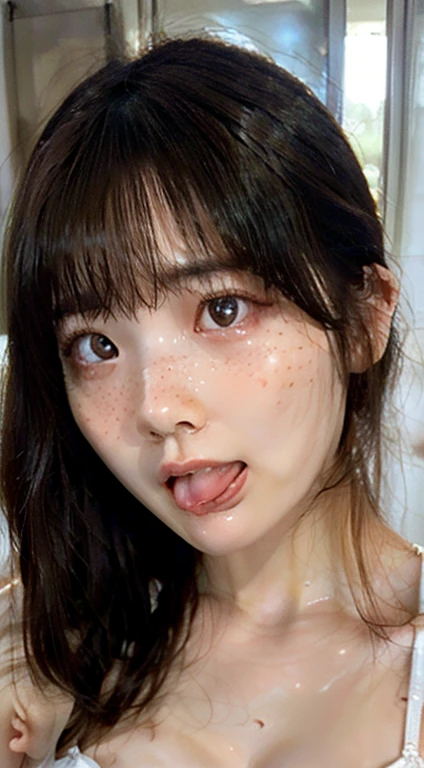 (masterpiece:1.2), Super detailed, ultra high resolution, (realistic, photo realistic:1.37), High resolution raw color photos, professional photos, dramatic lighting, sharp focus:1.2, (Highly detailed face and skin texture, very fine eyes, shiny skin, glowing skin, glowing skin, shining face, luster, oily skin, greasy face, oily skin, greasy face, 強いluster), perfect anatomy, highly detailed background, 1 female, 30 year old female, japanese woman, (Thin:Weight 2.0), (flat chest:1.3),poster, volume lighting, in the dark, deep shadow, private key,close, (((squint your eyes:1.3、Ahegao:1.2, parted lips))), (Formal attire:1.4), sexy、NSFW, straight bob hair、beautiful hair、brown hair、attractive face,cute freckles,Mole under left eye,stick out tongue,Drool