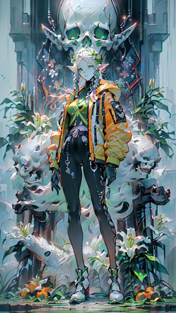 (((masterpiece, Best quality))), (elf), (1 girl), (sexy), One, bang, red dyed hair, White Cyber Skull Armor, long black tights with gloves, Handsome man standing in white shoes, art style Artgerm, from Kawasi, Yusuke Murata. (((Create one girl 16+ years old.), (realistic), (close-up), (stands all tall), (mysterious))_((Girl), (green:1.5, orange:1.1, white:1.3, yellow:1.3))_((very sexy girl with dreadlocks), (tattoos), (naked parts of the body), (down jacket: 1.2),(jacket on the naked body, T-shirt, thong))__))_((Beautiful figure, half-turn16+ years),(realistic)),((small peach breasts, graceful figure, narrow waist, smooth hips)),((long double braids),(tight braids), (braided hair),(dark hair) ),((red lips)), ((smile)))_ ((((Shiny skin:1.5, white skin, light skin: 1.5)),((sexy), (cute))_((fractals, Flowers, leaves, fog, lilies, circles background))_((Chiaroscuro, contrast, warm - cold), (atmospheric visualization), (best quality), (Virtual realism))_)))_(((Digital painting, style anime, cyberpunk), (best quality, 4k, high resolution, masterpiece: 1.2)),((ultra detail)),((realistic, photorealistic, photorealistic: 1.37)))_(((Soft clear shapes, wide strokes, attention to detail)))_(((High quality, 16K | Ultra HD | Full HD))).