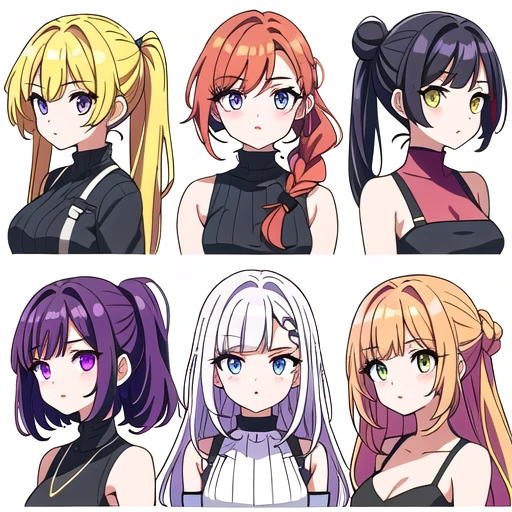 9 girls, white background, different characters, multiple views, (Close up heads, portrait, mugshot), bra, bare shoulders, bikini, different hair colors, different hair styles, multiple expressions,
twin-tail hair style,
pony-tail hair, wavy
long hair,
braid,
parted bangs,
high ponytail,
low ponytail,
big hair, cornrows,
hair bun,
hair rings,
half updo hairstyle,
diagonal bangs,
two side up hair,
flipped hair,
blunt bangs,
warm-toned hair colors,
cool-toned hair colors,
brown hair color,
red hair color,
yellow hair color,
white hair color,
purple hair color,
blue hair color,