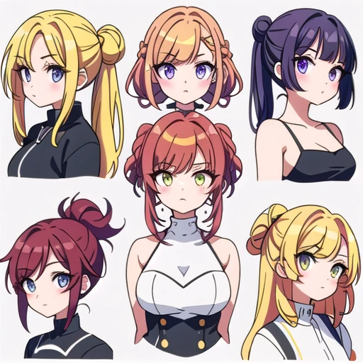 9 girls, white background, different characters, multiple views, (Close up heads, portrait, mugshot), bra, bare shoulders, bikini, different hair colors, different hair styles, multiple expressions,
twin-tail hair style,
pony-tail hair, wavy
long hair,
braid,
parted bangs,
high ponytail,
low ponytail,
big hair, cornrows,
hair bun,
hair rings,
half updo hairstyle,
diagonal bangs,
two side up hair,
flipped hair,
blunt bangs,
warm-toned hair colors,
cool-toned hair colors,
brown hair color,
red hair color,
yellow hair color,
white hair color,
purple hair color,
blue hair color,