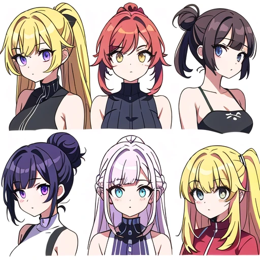 9 girls, white background, different characters, multiple views, (Close up heads, portrait, mugshot), bra, bare shoulders, bikini, different hair colors, different hair styles, multiple expressions,
twin-tail hair style,
pony-tail hair, wavy
long hair,
braid,
parted bangs,
high ponytail,
low ponytail,
big hair, cornrows,
hair bun,
hair rings,
half updo hairstyle,
diagonal bangs,
two side up hair,
flipped hair,
blunt bangs,
warm-toned hair colors,
cool-toned hair colors,
brown hair color,
red hair color,
yellow hair color,
white hair color,
purple hair color,
blue hair color,