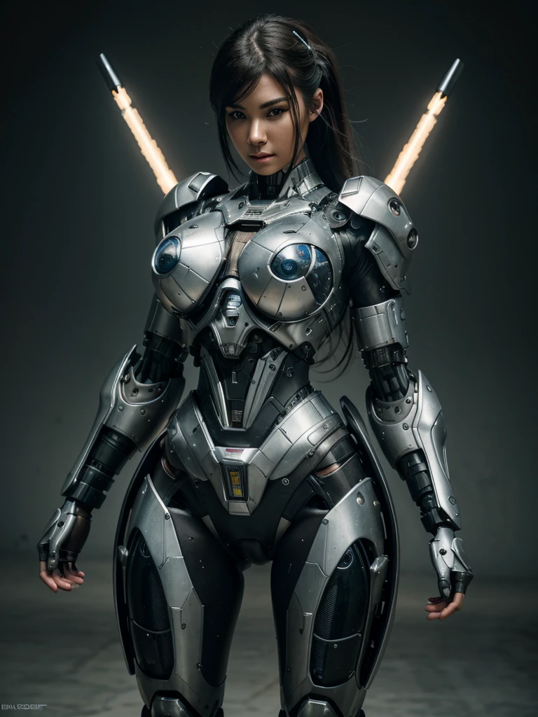 Textured skin, Super Detail, high details, High quality, Best Quality, hight resolution, 1080p, hard disk, Beautiful,(cyborgs),Boob missiles,Machine gun on the back,beautiful cyborg woman,Mecha Cyborg Girl,Battle Mode,Girl with a Mecha Body,