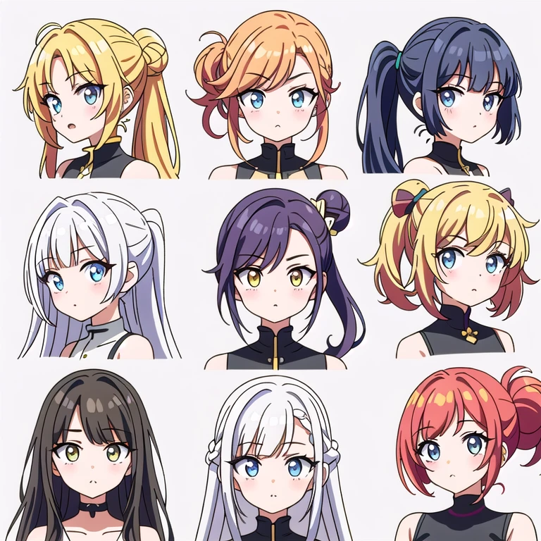 9 girls, white background,  different characters, multiple views, (Close up heads, portrait, mugshot), bra, bare shoulders, bikini, different hair colors, different hair styles, multiple expressions, 
twin-tail hair style, 
pony-tail hair, wavy 
long hair, 
braid, 
parted bangs, 
high ponytail, 
low ponytail, 
big hair, cornrows, 
hair bun, 
hair rings, 
half updo hairstyle, 
diagonal bangs, 
two side up hair, 
flipped hair, 
blunt bangs, 

warm-toned hair colors, 
cool-toned hair colors, 
brown hair color, 
red hair color, 
yellow hair color, 
white hair color, 
purple hair color, 
blue hair color,