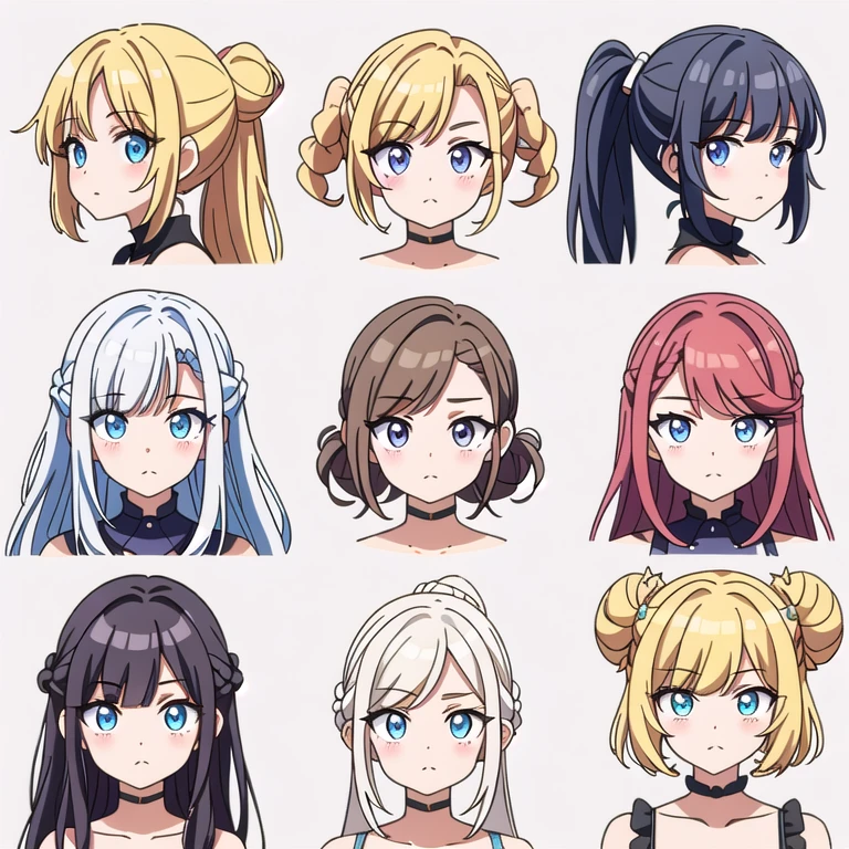 9 girls, white background,  different characters, multiple views, (Close up heads, portrait, mugshot), bra, bare shoulders, bikini, different hair colors, different hair styles, multiple expressions, 
twin-tail hair style, 
pony-tail hair, wavy 
long hair, 
braid, 
parted bangs, 
high ponytail, 
low ponytail, 
big hair, cornrows, 
hair bun, 
hair rings, 
half updo hairstyle, 
diagonal bangs, 
two side up hair, 
flipped hair, 
blunt bangs, 

warm-toned hair colors, 
cool-toned hair colors, 
brown hair color, 
red hair color, 
yellow hair color, 
white hair color, 
purple hair color, 
blue hair color,