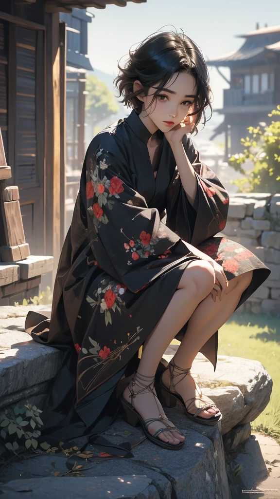(Highly detailed CG unit 8k wallpaper, masterpiece, High resolution, highest quality, highest qualityのリアルテクスチャスキン), Woman sitting on a stone wall:1.4, A cool fashion girl influenced by nostalgic and inorganic fashion, Asymmetrical short hair, Neatly trimmed eyebrows, detailed costume, blurred background, hyper realistic, digital painting, concept art,