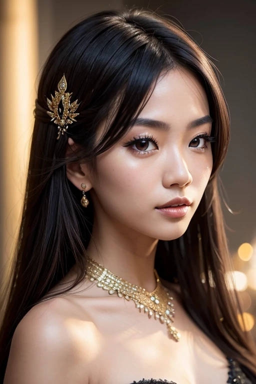 The camera zooms in on a beautiful 25-year-old Asian woman, her black dress decorated with delicate gold studs catching the light and adding glamor to her look. The material of the dress revealed her seductive figure, while her beautiful and mysterious face remained the focus of the photo, the sunlight illuminating her fairy-like hair. Notice the intricate details of her dress and the captivating expression on her face in this stunning, 8K, surreal close-up, dazzling backdrop, jewel-like sparkle