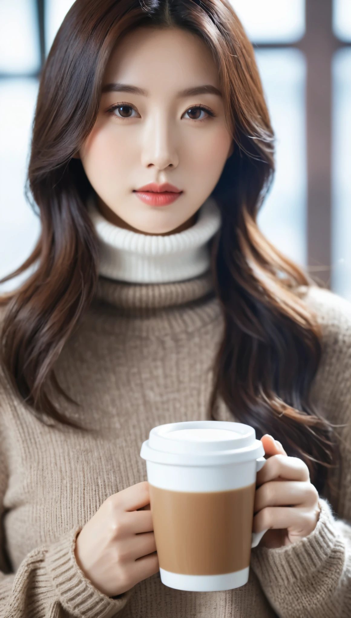 close-up of beautiful korean female, 34 inch breasts size, wearing turtle neck sweater, hot coffee, bokeh background, UHD