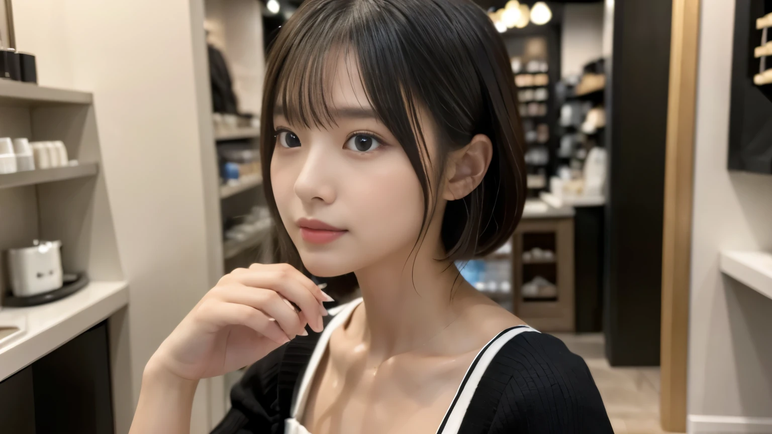 (((Cafe:1.3, Inside the store, Photographed from the front))), ((beauty salon model:1.3,Black and white bicolor dress, japanese woman, cute)), (clean, natural makeup), (highest quality, masterpiece:1.3, 超High resolution), (Super detailed, caustics), (realistic:1.4, RAW shooting), very detailed, High resolution, 16K resolution,neat clothes