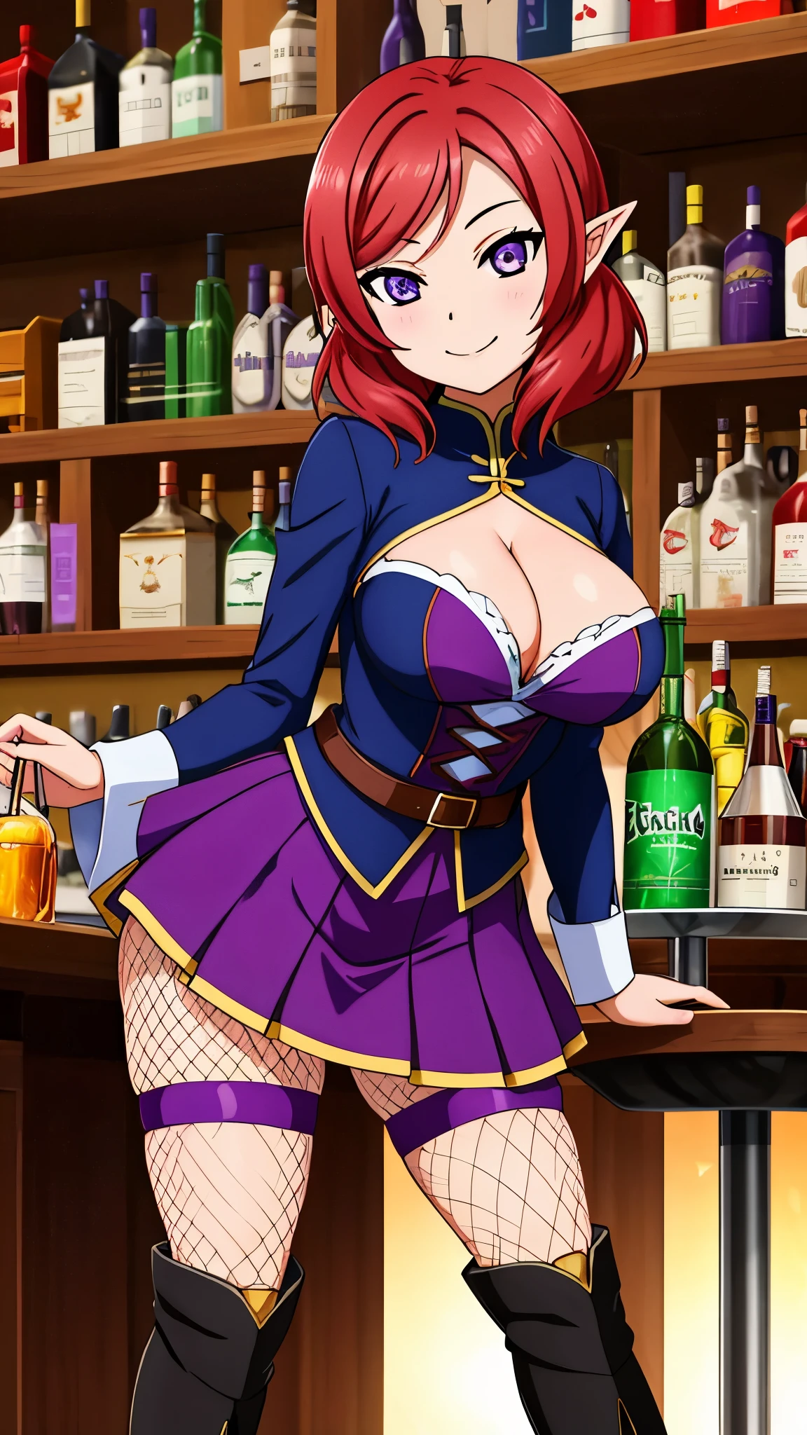 nishikino maki , cowboy shot,purple eyes, large breasts, skin tight, (pointy ears:1.000), (fishnet legwear:0.999), (elf:0.982), (boots:0.907), (skirt:0.880), (pantyhose:0.565), Purple blouse, standing, Cleavage, Bar, smile, closed mouth