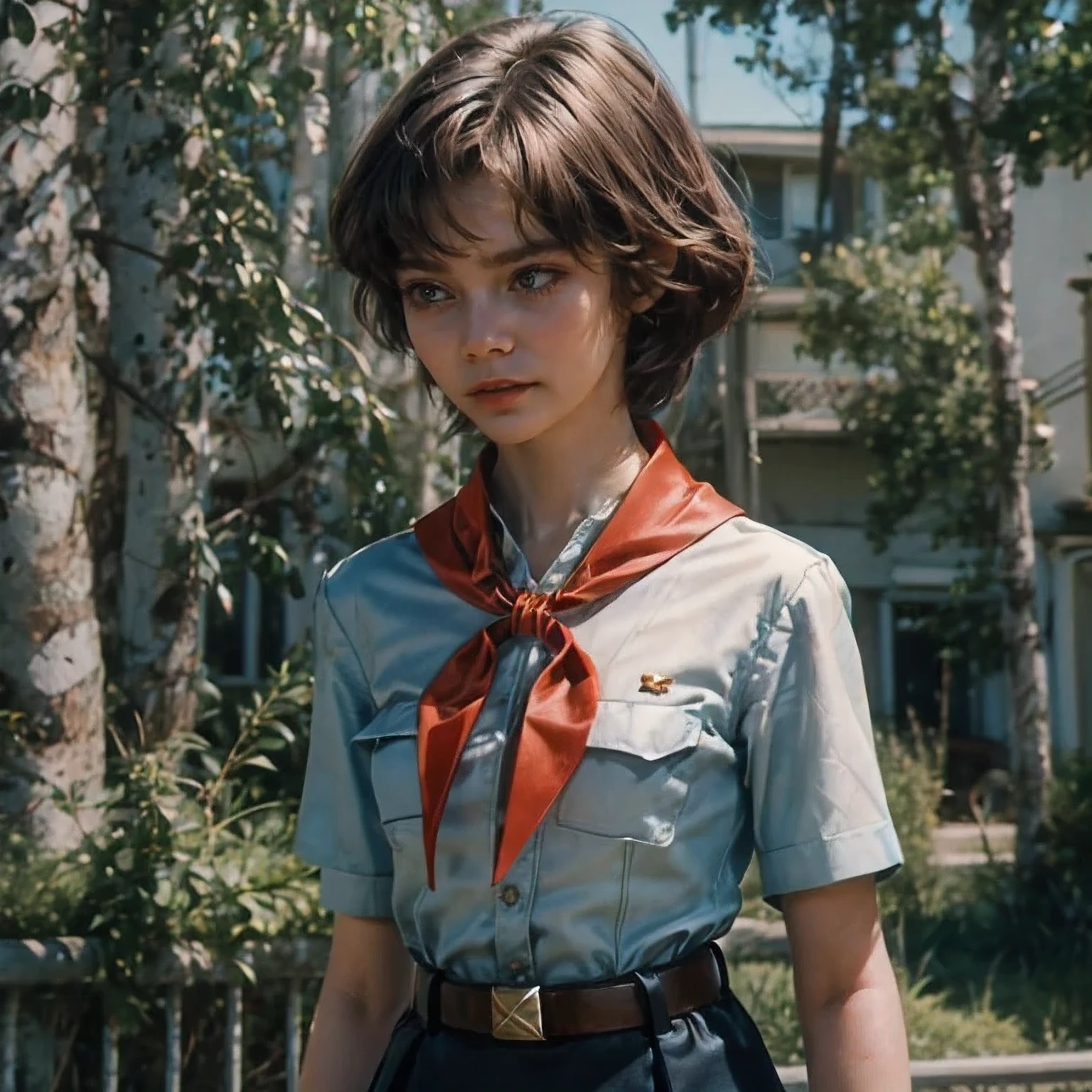 detailed eyes, full height, masterpiece, (((skinny body))), (looking at viewer, 8k vector photography, very young girl, beautiful brown eyes, realistic lighting, detailed outfit, realistic facial features, hyper detail, ((perfect angle, perfect pose)), ((very long brown disheveled hair)), a strand between eyes, flat chest, pioneer neckerchief, pioneer movement soviet pioneer, micro blue skirt, bangs, shirt, , collarbone, very toght white shirt, short sleeves, collared shirt, belt, neckerchief, eyelashes, red neckerchief, pocket, breast pocket, parororo,