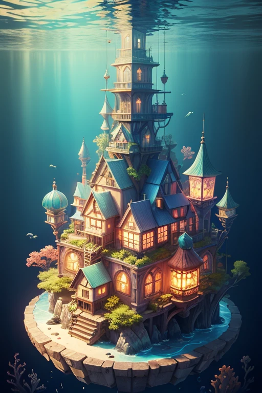 color (fantasy: 1.2), (Irregular buildings floating in the sea), patchwork hut, floral decorations, lamp,  fantasy art, (underwater city), Rostran, optical axis, 逼真的lamp光, masterpiece, high quality, nice graphics, high detail, masterpiece, high quality, nice graphics, high detail, Crystal texture