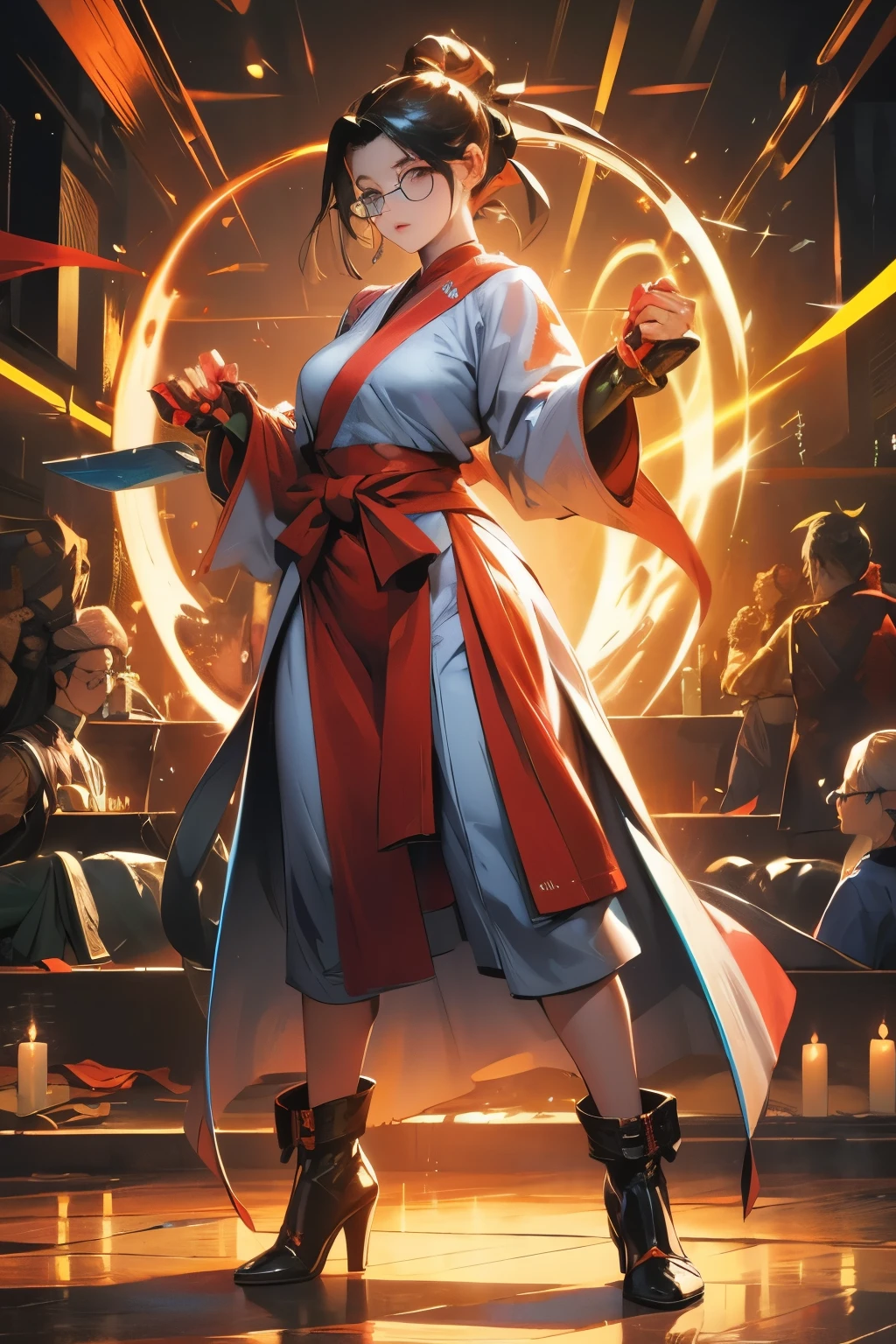 Wide angle shot, full body image, beautiful female street fighter, wearing large glasses, black undercut hair, wearing large steel knuckles