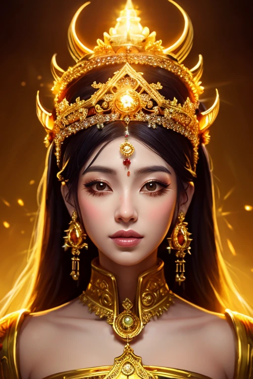 arafed woman in a golden dress with a golden headpiece, digital art inspired by Jin Nong, cgsociety contest winner, digital art, a beautiful fantasy empress, beautiful oriental woman, ((a beautiful fantasy empress)), a stunning portrait of a goddess, wlop and ross tran, cinematic goddess shot, wearing a golden halo, intricate gold headdress