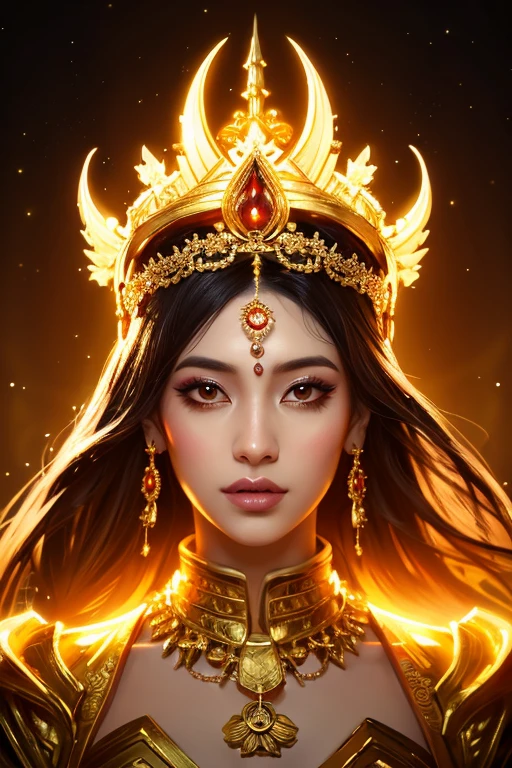 arafed woman in a golden dress with a golden headpiece, digital art inspired by Jin Nong, cgsociety contest winner, digital art, a beautiful fantasy empress, beautiful oriental woman, ((a beautiful fantasy empress)), a stunning portrait of a goddess, wlop and ross tran, cinematic goddess shot, wearing a golden halo, intricate gold headdress