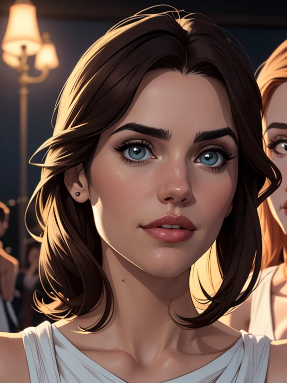 Cartoon style digital illustration Cartoon style portrait mode. Cartoon Style Alexandra Daddario and Jennifer Connelly are close to each other, with calm and confident expressions. Both are illuminated by a soft light, highlighting your stunning facial features. Estilo Cartoon Alexandra, com seus olhos azuis penetrantes e cabelos escuros soltos em ondas suaves, is wearing an elegant dress that highlights her silhouette. Jennifer, with her classic beauty and lush dark hair, complementa o visual com um traje sofisticado e discreto. O fundo branco, directing all the attention to the beauty of the two actresses. Estilo Cartoon