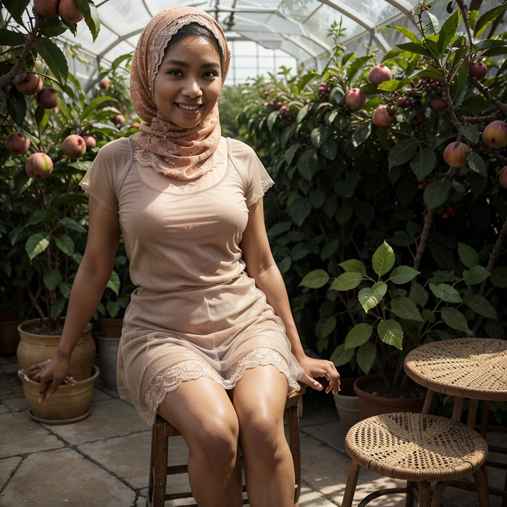 Realistic photo depicting 1 Indonesian woman in hijab, villager, poor woman, 52 years old, wearing peach color hijab jilbab, wearing see-through peach color lace camisole, wearing very short see-through peach color lace skirt, wearing no footwear, smiling, dark skin, curvy body, short body, sitting alone on a stool in fruit greenhouse, facing the camera, making it very realistic and detail