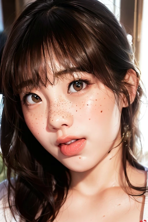 There is a woman in a white top and a white shirt, kawaii realistic portrait, young adorable korean face, realistic. Chen Yi, detailed face of asian girl, hyperrealistic beautiful face, White freckles, spotted ultra realistic, Clean and cute face, 8K highly detailed face, That&#39;s a cute Korean face, With cute doting eyes, Soft freckles