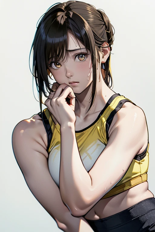 (highest quality, 8K, oil, table top:1.2), Super detailed, (realistic, realistic:1.37), (((full body shot)))、Bright colors, (((my face is sweaty)))、(((yellow sports bra)))、(((English Print Sports Bra)))、(((２０Women of a certain age)))、(((yellow sports bra)))、(((The sports bra has letters printed on it)))、(((slightly smaller chest)))、 (((black hair)))、(((shoulder length bob hair)))、((( white background))), (((tired look)))、(((heavy breathing)))、(((girly hairstyle)))、(((beaver)))、(((in front of a white wall)))、(((Nothing above the head)))、