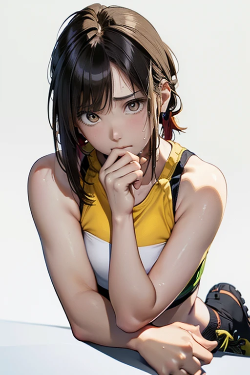 (highest quality, 8K, oil, table top:1.2), Super detailed, (realistic, realistic:1.37), (((full body shot)))、Bright colors, (((my face is sweaty)))、(((yellow sports bra)))、(((English Print Sports Bra)))、(((２０Women of a certain age)))、(((yellow sports bra)))、(((The sports bra has letters printed on it)))、(((slightly smaller chest)))、 (((black hair)))、(((shoulder length bob hair)))、((( white background))), (((tired look)))、(((heavy breathing)))、(((girly hairstyle)))、(((beaver)))、(((in front of a white wall)))、(((Nothing above the head)))、