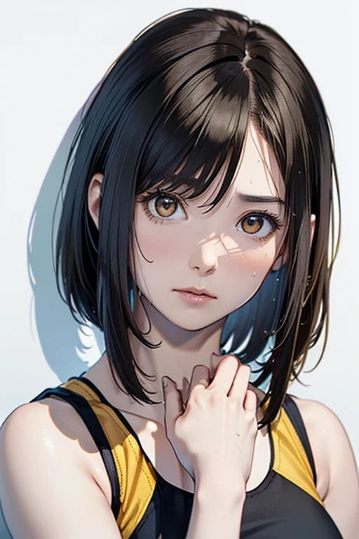 (highest quality, 8K, oil, table top:1.2), Super detailed, (realistic, realistic:1.37), (((full body shot)))、Bright colors, (((my face is sweaty)))、(((yellow sports bra)))、(((English Print Sports Bra)))、(((20Women of a certain age)))、(((yellow sports bra)))、(((The sports bra has letters printed on it)))、(((slightly smaller chest)))、 (((black hair)))、(((shoulder length bob hair)))、((( white background))), (((tired look)))、(((heavy breathing)))、(((girly hairstyle)))、(((beaver)))、(((in front of a white wall)))、(((Nothing above the head)))、