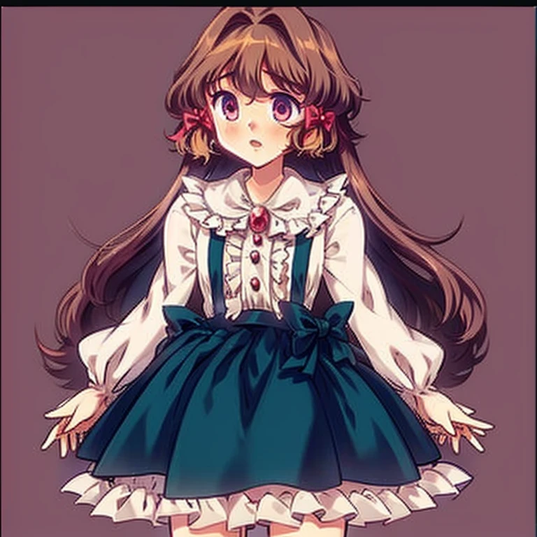 Girl, Goldia die Heilige, long brown hair, cherry coloured eyes, blouse, blue skirt, hentai.