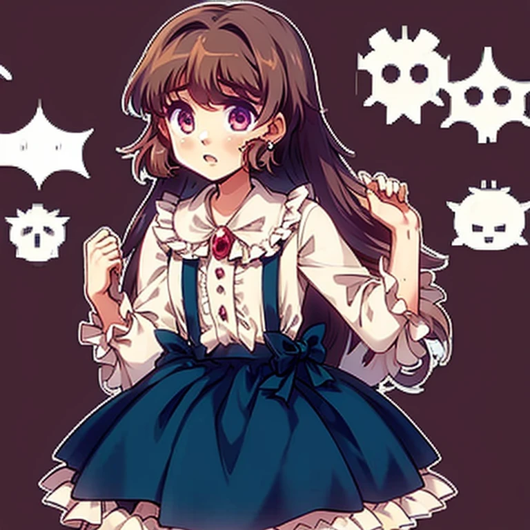 Girl, Goldia die Heilige, long brown hair, cherry coloured eyes, blouse, blue skirt, hentai.