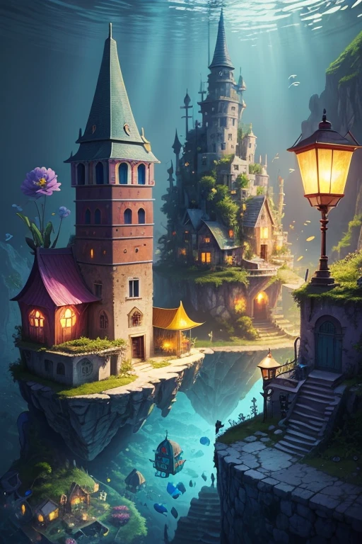 color (fantasy: 1.2), (Irregular buildings in Haiti), patchwork hut, floral decorations, lamp,Art Station Contest Winners, fantasy art, (underwater city), Rostran, optical axis, 逼真的lamp光, masterpiece, high quality, nice graphics, high detail, masterpiece, high quality, nice graphics, high detail, There is a mermaid