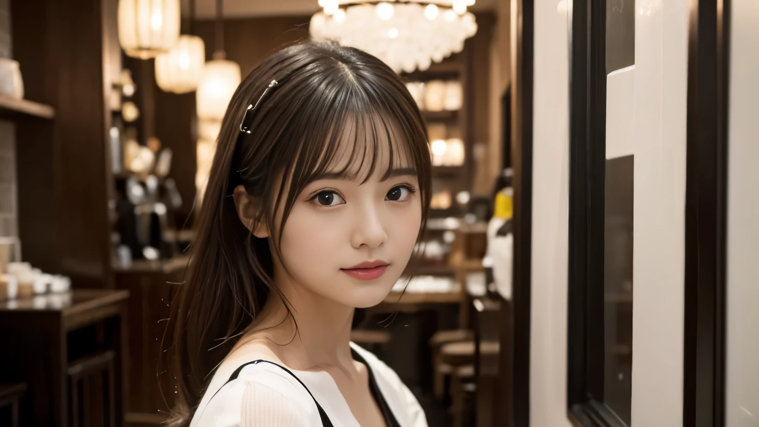 (((Cafe:1.3, Inside the store, Photographed from the front))), ((beauty salon model:1.3,Black and white bicolor dress, japanese woman, cute)), (clean, natural makeup), (highest quality, masterpiece:1.3, 超High resolution), (Super detailed, caustics), (realistic:1.4, RAW shooting), very detailed, High resolution, 16K resolution,neat clothes,CafeInside the storeで撮影