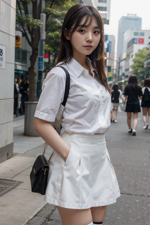 Cute Korean girl wearing a short white skirt with white stockings with a black shirt at a city