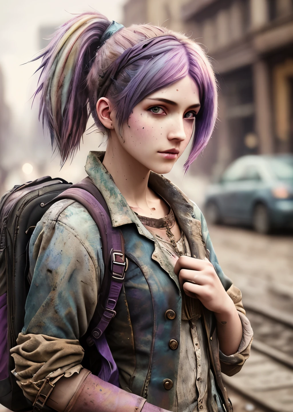 steampunk, a beautiful sad young woman outside wearing a dirty torn shirt middle of a street soaking wet, pink and purple hair, ponytails, muddy, rain, epic realistic, imperfect skin, blemishes, photo, faded, complex stuff around, intricate background, neutral colors, ((((hdr)))), ((((muted colors)))), intricate scene, artstation, intricate details, vignette