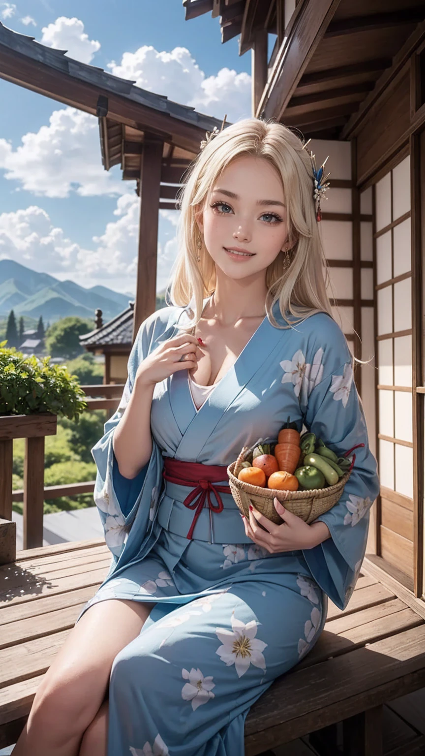 ((最high quality, 8K, masterpiece: 1.3, Ultra HD, high quality, 最high quality, High resolution, realism)) 、A 22-year-old extremely beautiful white woman、Her hair color is platinum blonde、blue eyeedium hair、straight hair、The hair is shiny、The skin is lustrous、smile、Slender but well-proportioned muscular body、Athlete-like body type、I don&#39;t want my head to disappear from the screen.、Wearing accessories on your wrist、Wearing red nail polish、I have a peticure、Sitting on the veranda of a Japanese house in the Japanese countryside、It&#39;s summer、A wind chime is hung in front of the eaves.、barefoot、There is a basket full of tomatoes and carrots on the veranda.、The basket is made of woven bamboo strips、A courtyard spreads out in front of the verandah.、There is a well with a hand pump in the courtyard.、wear a yukata、The blue sky is beautiful、Cumulus clouds appear、summer sunshine、anatomically correct((anatomically correct))、Ultra high definition((UHD))、textured skin((textured skin))、very detailed((super detail))、high detail((high details))、smile showing teeth((grin))