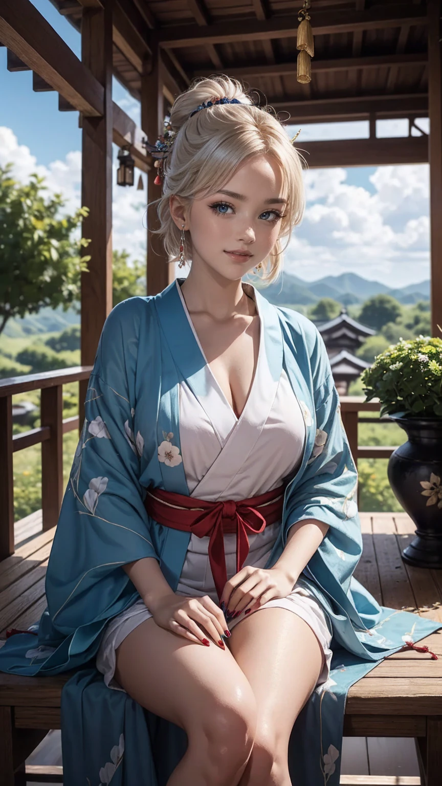 ((最high quality, 8K, masterpiece: 1.3, Ultra HD, high quality, 最high quality, High resolution, realism)) 、A 22-year-old extremely beautiful white woman、Her hair color is platinum blonde、blue eyeedium hair、straight hair、The hair is shiny、The skin is lustrous、smile、Slender but well-proportioned muscular body、Athlete-like body type、I don't want my head to disappear from the screen.、Wearing accessories on your wrist、Wearing red nail polish、I have a peticure、Sitting on the veranda of a Japanese house in the Japanese countryside、It's summer、A wind chime is hung in front of the eaves.、barefoot、There is a basket full of tomatoes and carrots on the veranda.、The basket is made of woven bamboo strips、A courtyard spreads out in front of the verandah.、There is a well with a hand pump in the courtyard.、wear a yukata、The blue sky is beautiful、Cumulus clouds appear、summer sunshine、anatomically correct((anatomically correct))、Ultra high definition((UHD))、textured skin((textured skin))、very detailed((super detail))、high detail((high details))、smile showing teeth((grin))