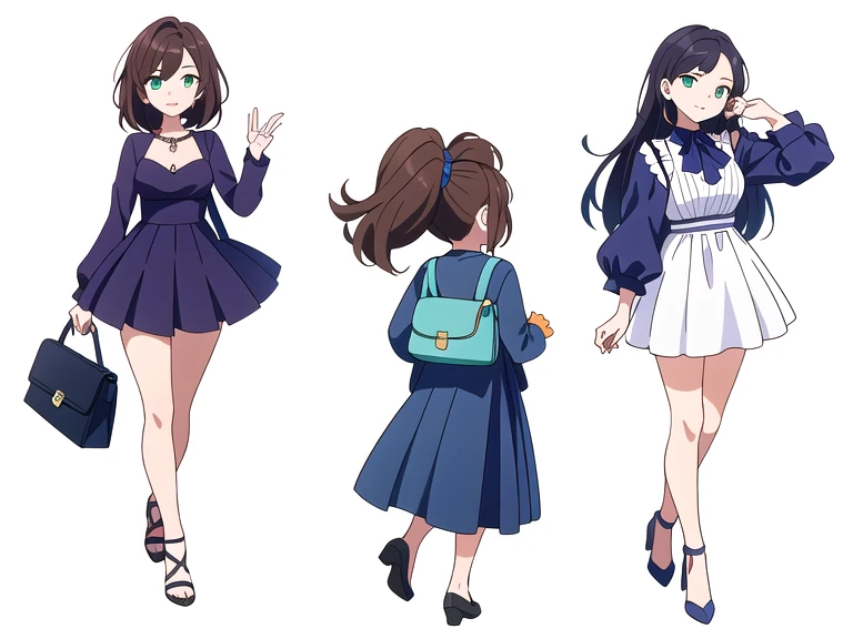 (((Best Quality))) , ((full body)), 4 lady, multiple views, white background, variety of hairstyles, variety of fashion styles, seductive pose, fashionable and trendy atmosphere, holding bag, spring outfits, walk pose, dark blue/dark orange/dark green/dark violet/brown/white,