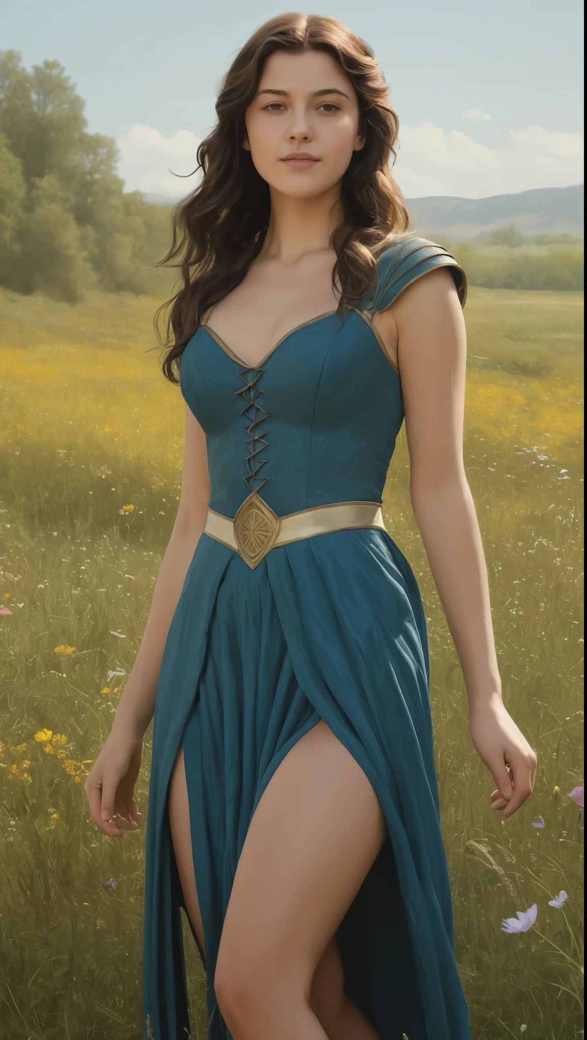 An illustrated movie poster, hand-drawn, full color, a teenage elven girl, wearing noblewoman's dress, resembles Mary Elizabeth Winstead, sun-tanned complexion, very tall, athletic, Amazonian body, curvy, toned midriff, bottom-heavy, generous hips, massive bubble-butt, long legs, ridiculously thick powerful thighs, dark hair, long loose waves, posing in a meadow of wildflowers, hard shadows, graphite shading, stencil marks, airbrushed acrylic paint, masterpiece, in the style of Game of Thrones